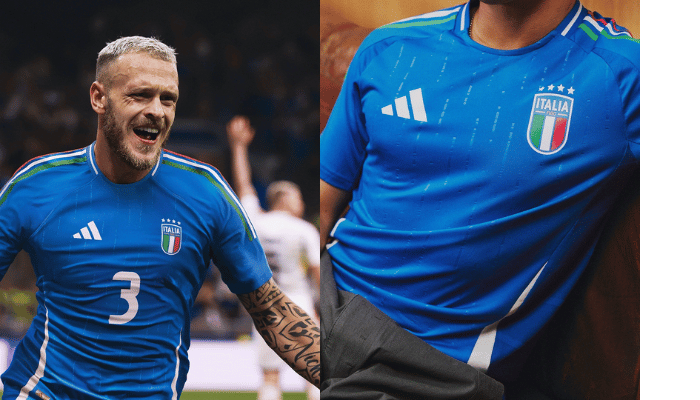 Camisa titular da seleção italiana de futebol 2024/25 Adidas. Camisa predominantemente azul royal com detalhes em branco e verde. Arcos brancos nas laterais, finas linhas verticais em embossing no corpo, tonalidade mais escura de azul royal nas laterais do corpo, três listras nas mangas com as cores da bandeira italiana, faixa branca centralizada na gola, frase "L'Itália Chiamò" na nuca, logo da Adidas em branco no lado direito do peito e escudo da FIGC em azul marinho no lado esquerdo do peito.