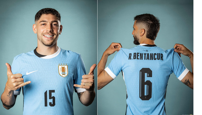 A nova Camisa Titular da Seleção Uruguaia Nike 2024-2025 apresenta design azul celeste clássico com gola redonda com detalhes em preto e branco, punhos brancos, laterais com listras pretas e brancas, escudo da AUF no lado esquerdo do peito