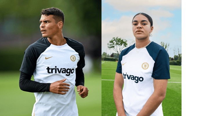 Camisa de Treino Chelsea Nike 2024 em branco, preto e dourado. Ajuste aerodinâmico e tecnologia de absorção de suor para máximo conforto durante o treino.