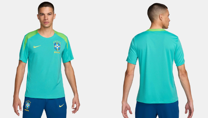 Camisa de Treino da Seleção Brasileira Nike 2024-2025 na cor Verde Água e Verde. A camisa possui um design oficial da CBF, com o escudo bordado no peito e a bandeira do Brasil na manga. 