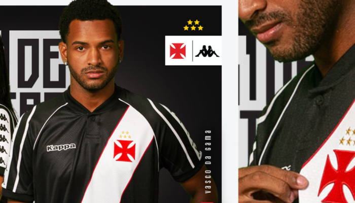 Camisa preta do Vasco da Gama com listras brancas e contorno vermelho na frente, mangas pretas com detalhes brancos e logo da Kappa bordado no lado direito do peito. Escudo do Vasco bordado no lado esquerdo do peito. Gola polo preta com botão.