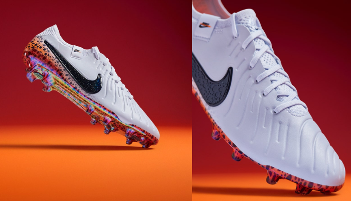 Chuteira de futebol Nike Tiempo Legend 10 Elite FG Electric Safari em close, destacando o material sintético FlyTouch Plus, o forro interno Quadfit com espuma de conforto e o design clássico da linha Tiempo.