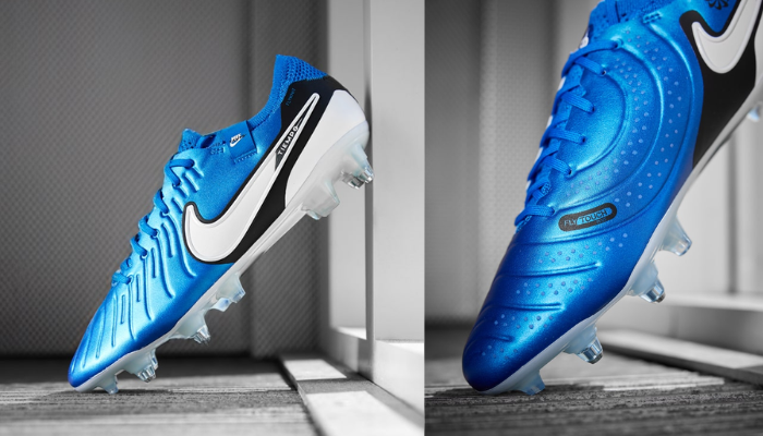 Chuteira de futebol Nike Tiempo Legend 10 Elite FG Mad Ambition em detalhes. Apresenta design moderno com cores azul, branca e preta. Possui cabedal em couro sintético FlyTouch Plus para toque preciso, forro interno Quadfit mesh com almofadas de conforto e sola para campo de grama natural.