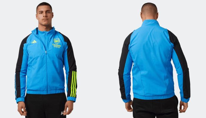 Jaqueta de Apresentação Arsenal Adidas 2023/24 em azul celeste, preto e amarelo. Feita de poliéster reciclado para conforto e sustentabilidade. O escudo do Arsenal no peito e o design arrojado tornam esta peça única. 