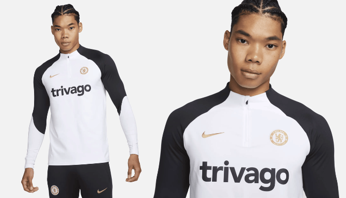 Jaqueta de Treino do Chelsea Nike 2024 em elegante branco, imponente preto e detalhes dourados. Perfeita para treinos de excelência, mantendo-o seco e aquecido. Ideal para estrelas do futebol em ascensão.