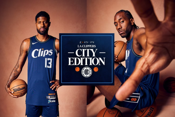 Uniforme City Edition Los Angeles Clippers Nike 2023/24 em azul marinho, branco e cinza, desenhado por Jonas Wood. Detalhes exclusivos, como o desenho "Clips" e elementos icônicos de Los Angeles, celebram a cultura e a herança náutica | Tevo Sports