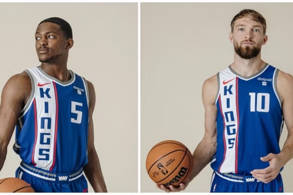 Regata City Edition Sacramento Kings Nike 2023/24 em azul, branco, vermelho e cinza, homenageando 100 anos de realeza. Uma fusão única de tradição e modernidade.