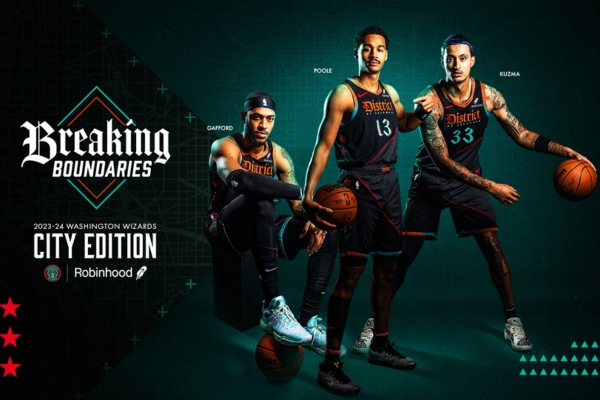 Regata City Edition Washington Wizards Nike 2023/24 em preto, cinza, marrom, verde e vermelho - Representando a autenticidade do Distrito de Columbia com detalhes em Blackletter, estrelas vermelhas e inspiração nas Boundary Stones.