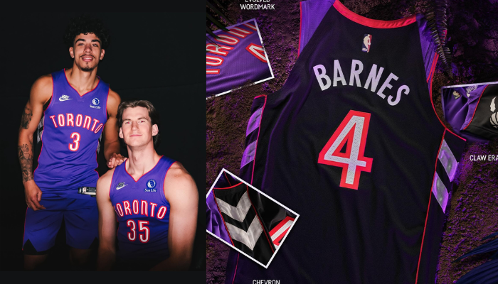 Regata classica do Toronto Raptors em comemoração aos 30 anos da franquia. Apresenta a cor roxa clássica da equipe, com detalhes em vermelho, preto e cinza. O logo comemorativo com o número 30 e a marca de garra dos Raptors é destaque na parte frontal da camisa.