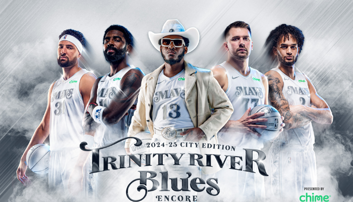 Regata City Edition 2024-2025 do Dallas Mavericks, com design inspirado no Blues e Rock'n'Roll de Dallas. Em branco e cinza, traz detalhes que celebram a história musical da cidade.