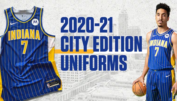 Regata do Indiana Pacers, Edição da Cidade 2020-2021, nas cores azul royal, amarela e branca. O design é inspirado nos uniformes clássicos da franquia e homenageia a conquista das Finais da NBA em 2000.