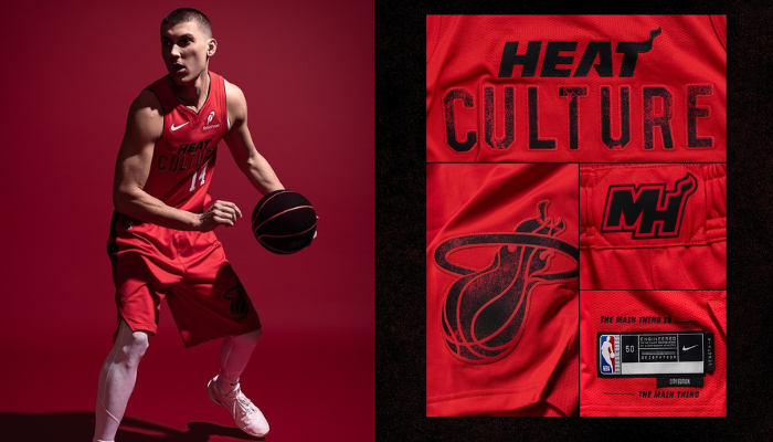 nova regata City Edition do Miami Heat 2024-25, com a cor predominante vermelho sangue. O design da camiseta celebra a história e a paixão da franquia, com referências à liderança de Pat Riley e ao espírito de luta do time.