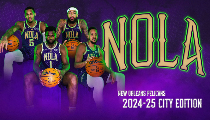 Nova Regata City Edition 2024-25 do New Orleans Pelicans. Em roxo vibrante e verde brilhante, combina design moderno inspirado na vida noturna e na herança cultural de Nova Orleans, com detalhes em dourado e padrão espinha de peixe entrelaçado.