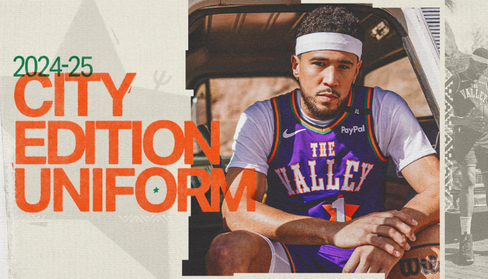 A Regata City Edition 2024-25 do Phoenix Suns combina um design vibrante com padrão de degraus tribais nas laterais, logotipo de cacto na fivela e as cores preto, laranja e verde. A inscrição "The Valley" em fonte ocidental homenageia as clássicas camisas dos anos 70.