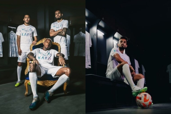 Terceira camisa Al Nassr FC 2023/24 em branco e cinza, inspirada em Riad. Design Nike com paisagens sauditas. Símbolos do clube em azul, roxo e branco. Perfeita para os fãs apaixonados na Saudi Pro League e Copa do Rei | Tevo Sports