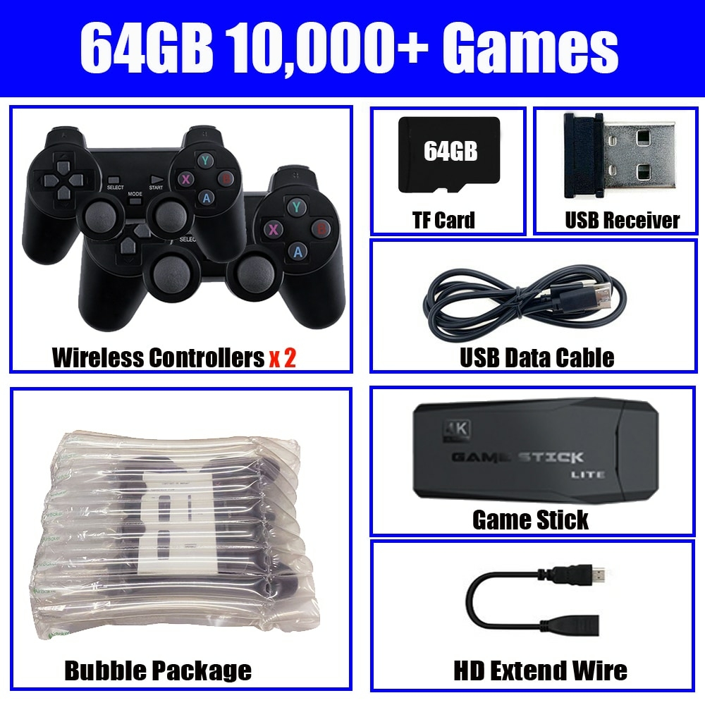 Game Stick Retrô 4k 64G com 30.000 Jogos Nostálgicos + 2 Controles Sem