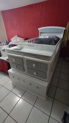Cama cuna Luna y Estrellas blanca con gris