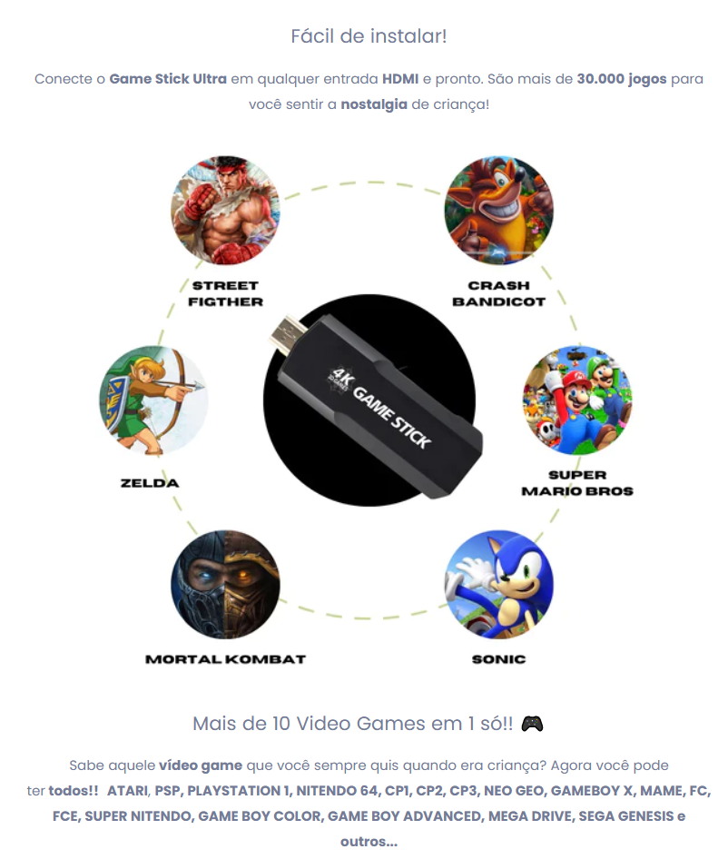 Vídeo Game Stick 4K 10 mil jogos 2 Controles Sem Fio U / COLORS
