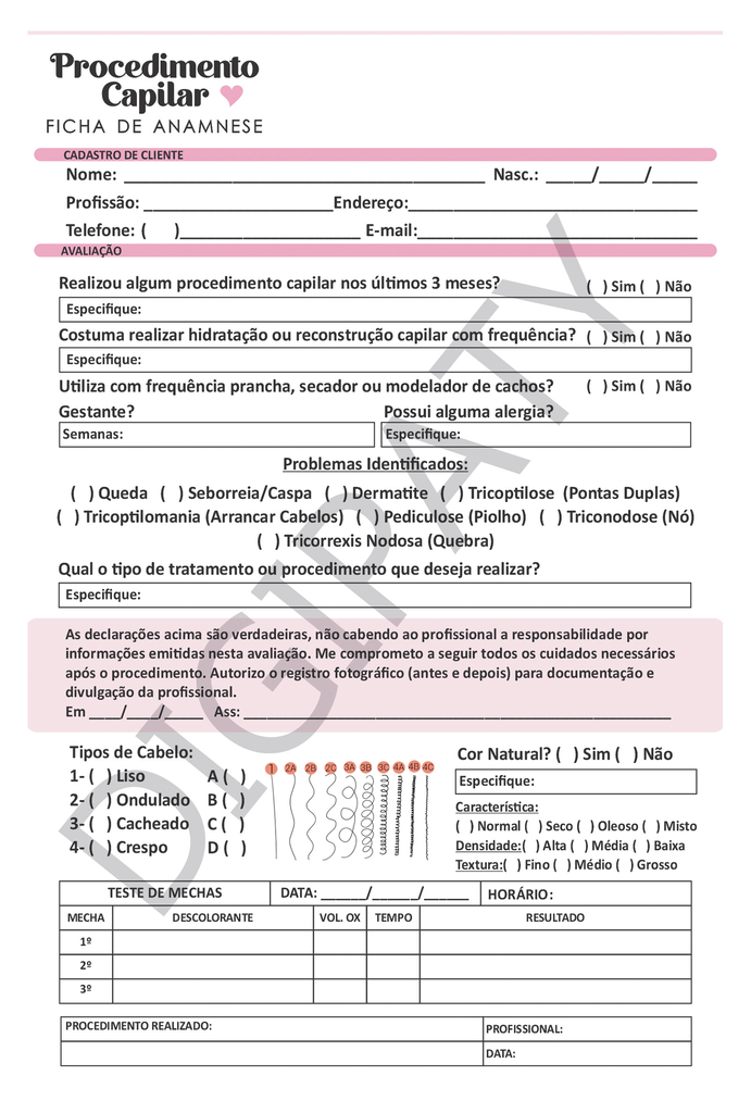 2 Bloco De Anamnese Para Procedimento Capilar Ficha Completa