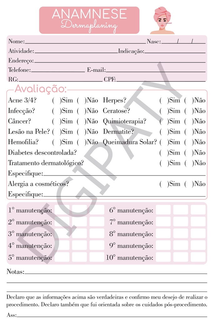 Bloco de Anamnese - Dermaplaning (Modelo 01)