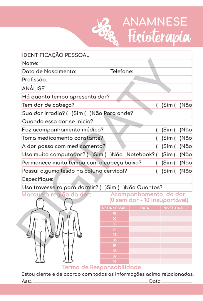 Ficha Anamnese para Fisioterapia (Arquivo Digital)