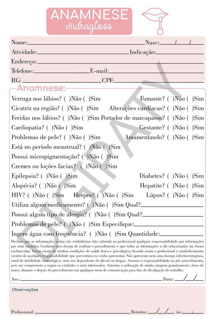 Caderno de Anamnese - Comprar em Digipaty