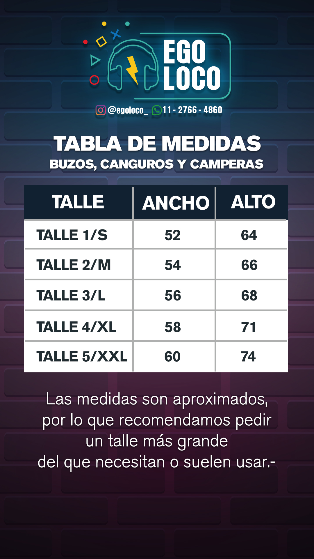 tabla de talles buzos egoloco