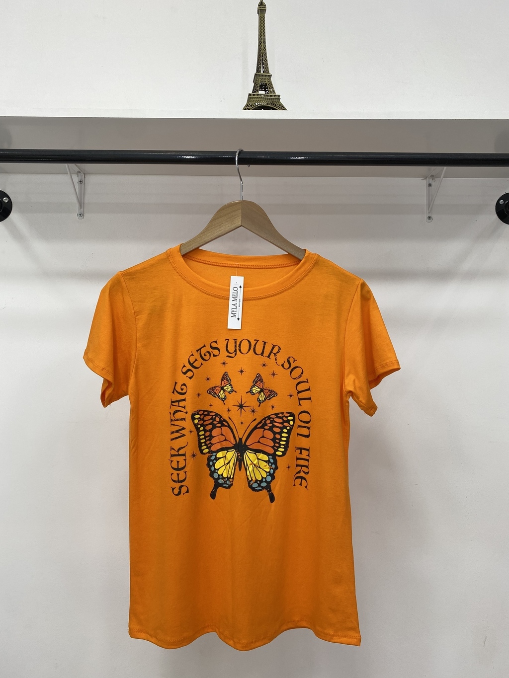 T-SHIRT BORBOLETA PEROLAS - LARANJA, Atacado Tshirt