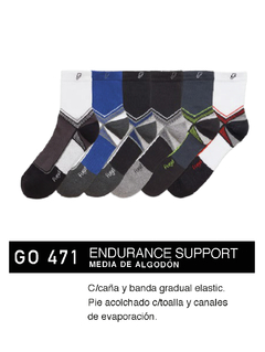 FLGO471-ENDURANCE SUPPORT: Media de algodón c-caña y banda gradual elastic. Pie acolchado c-toalla y canales de evaporación.