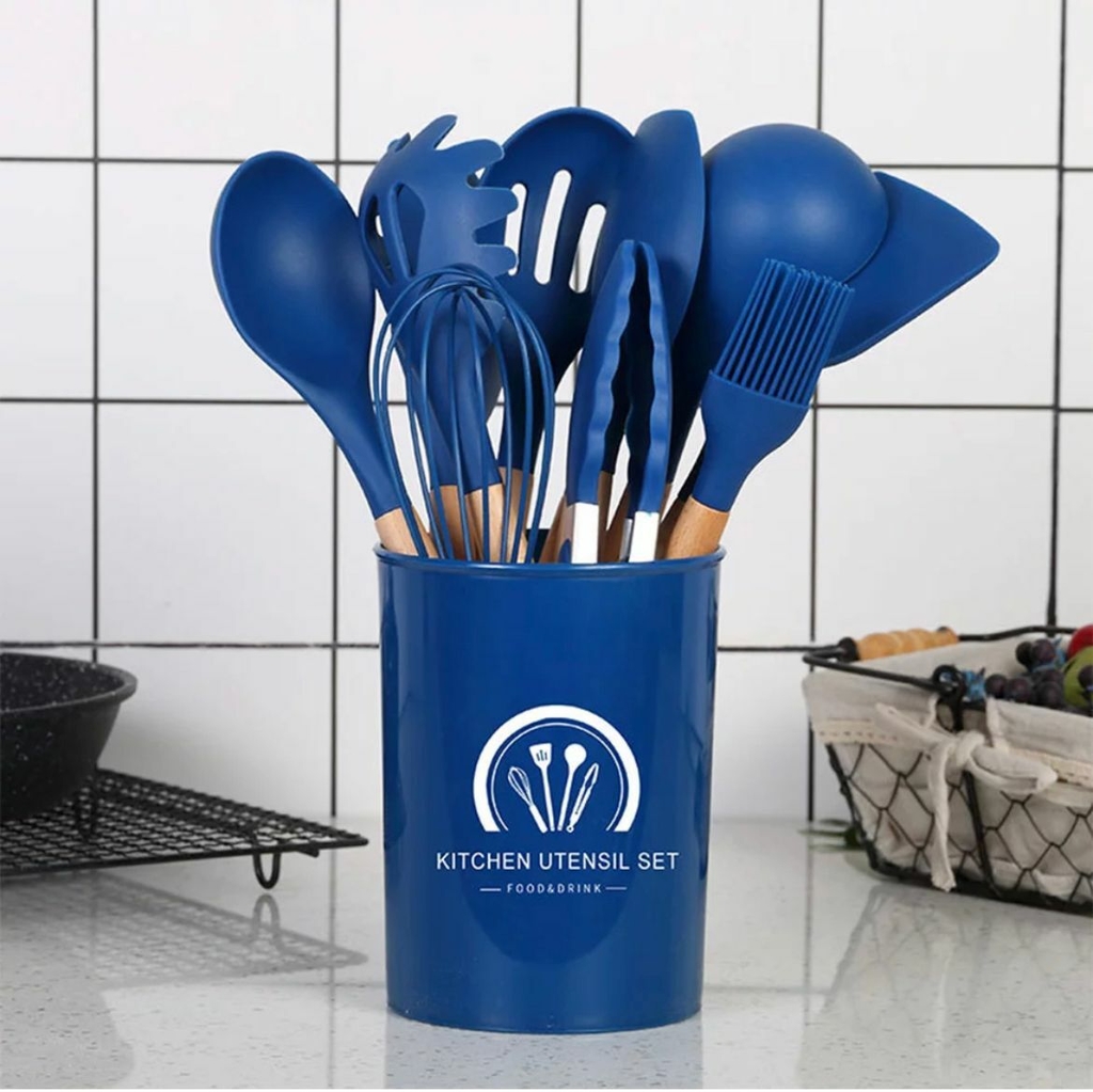 Set cucharones utensilios cocina de silicona 12 piezas azul petroleo  GENERICO