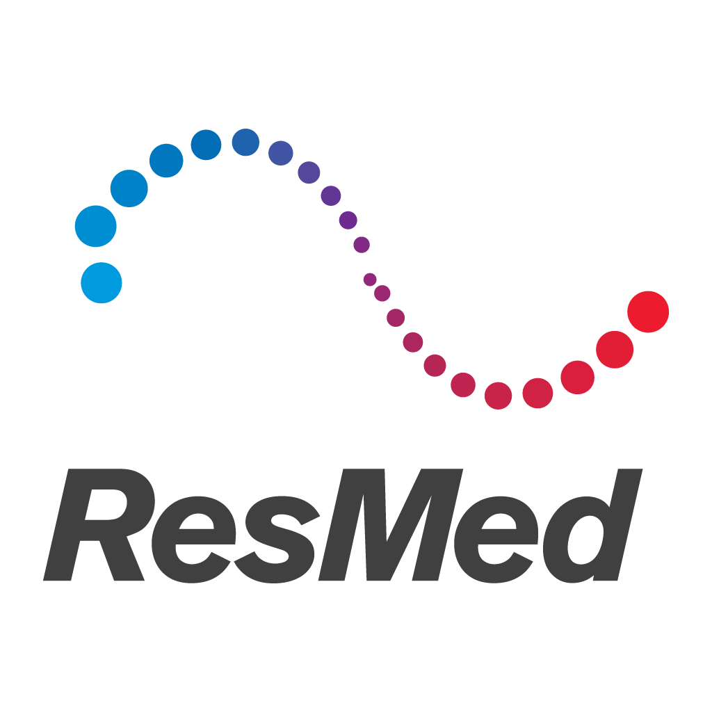 Logotipo de Resmed, una marca líder en la industria de dispositivos médicos, en blanco sobre fondo blanco