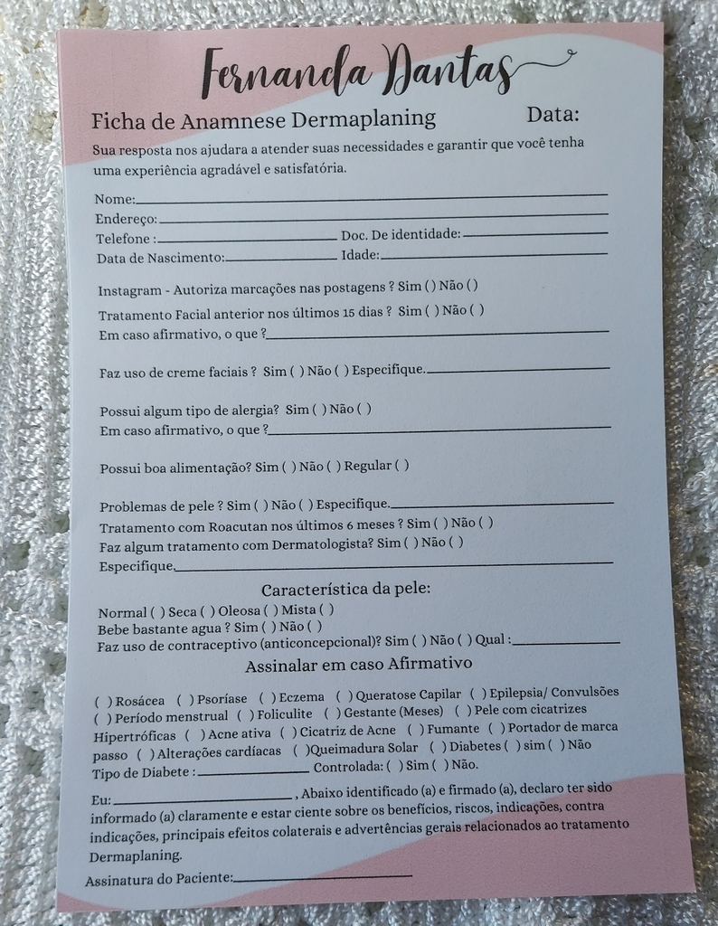 Bloco de Anamnese - Dermaplaning (Modelo 01)