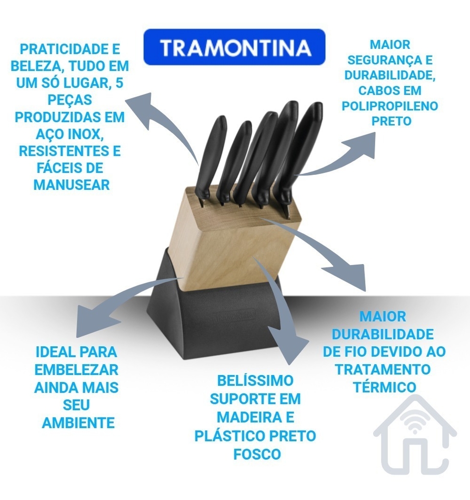 Jogo de Facas Tramontina Plenus Preto e Suporte de Madeira 6 Peças