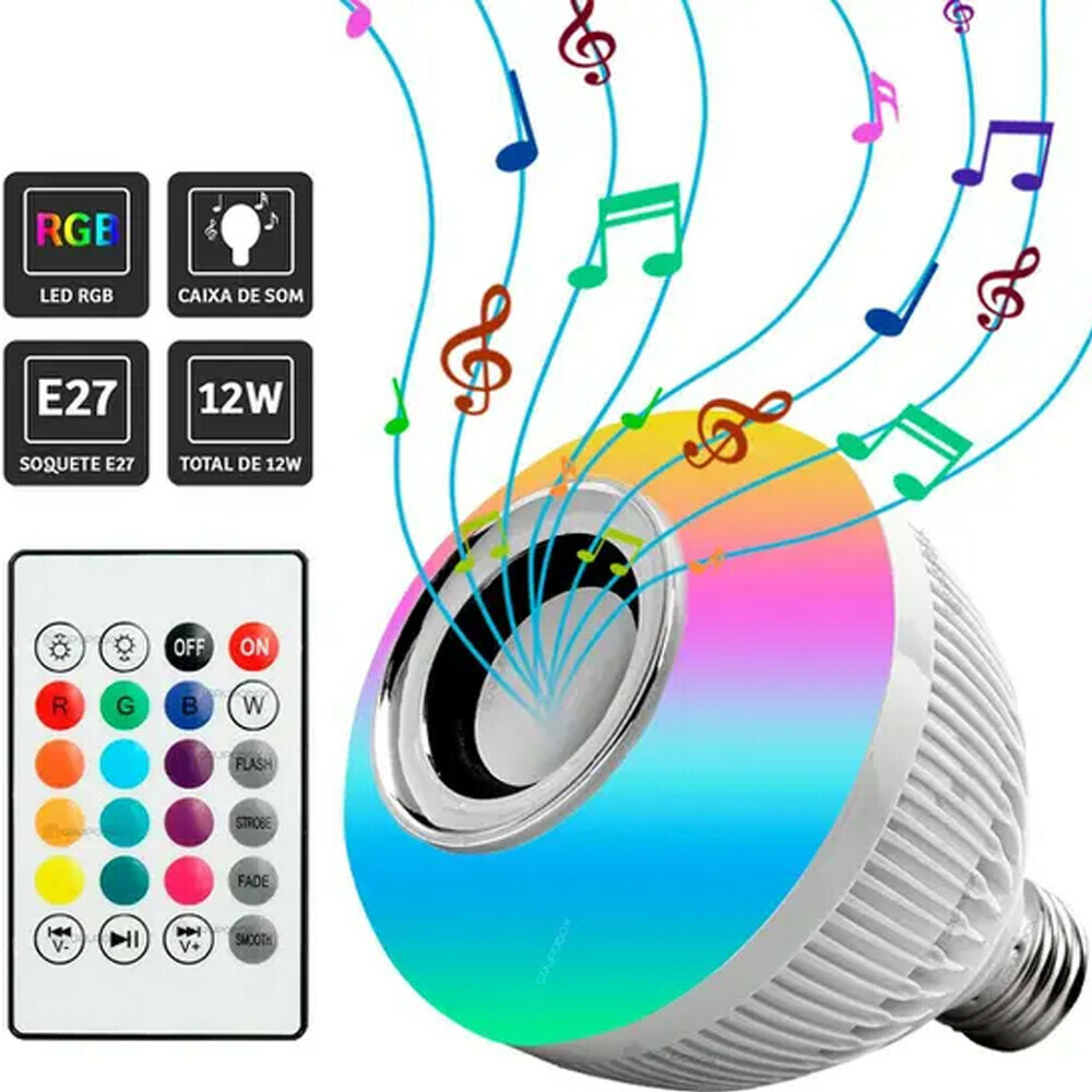 Lâmpada Bluetooth Led RGB + Som + Controle Remoto