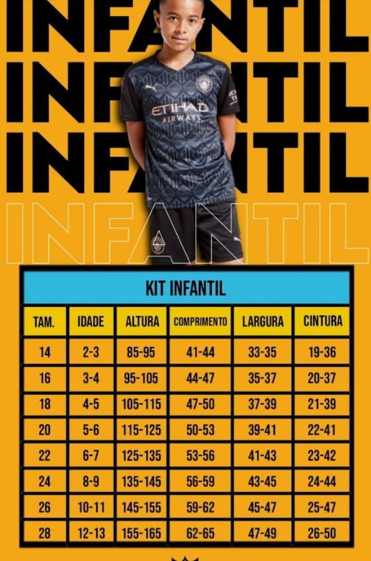 tabela tamanho camisa futebol infantil