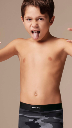 BA4043-Boxer niño algodón y lycra Estampado Camuflado Militar, elástico liso negro.