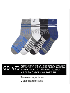 FLGO473-SPORTY STYLE ERGONOMIC: Media de algodón con toalla y lycra calce comfort fit. Tramado ergonómico y plantilla reforzada