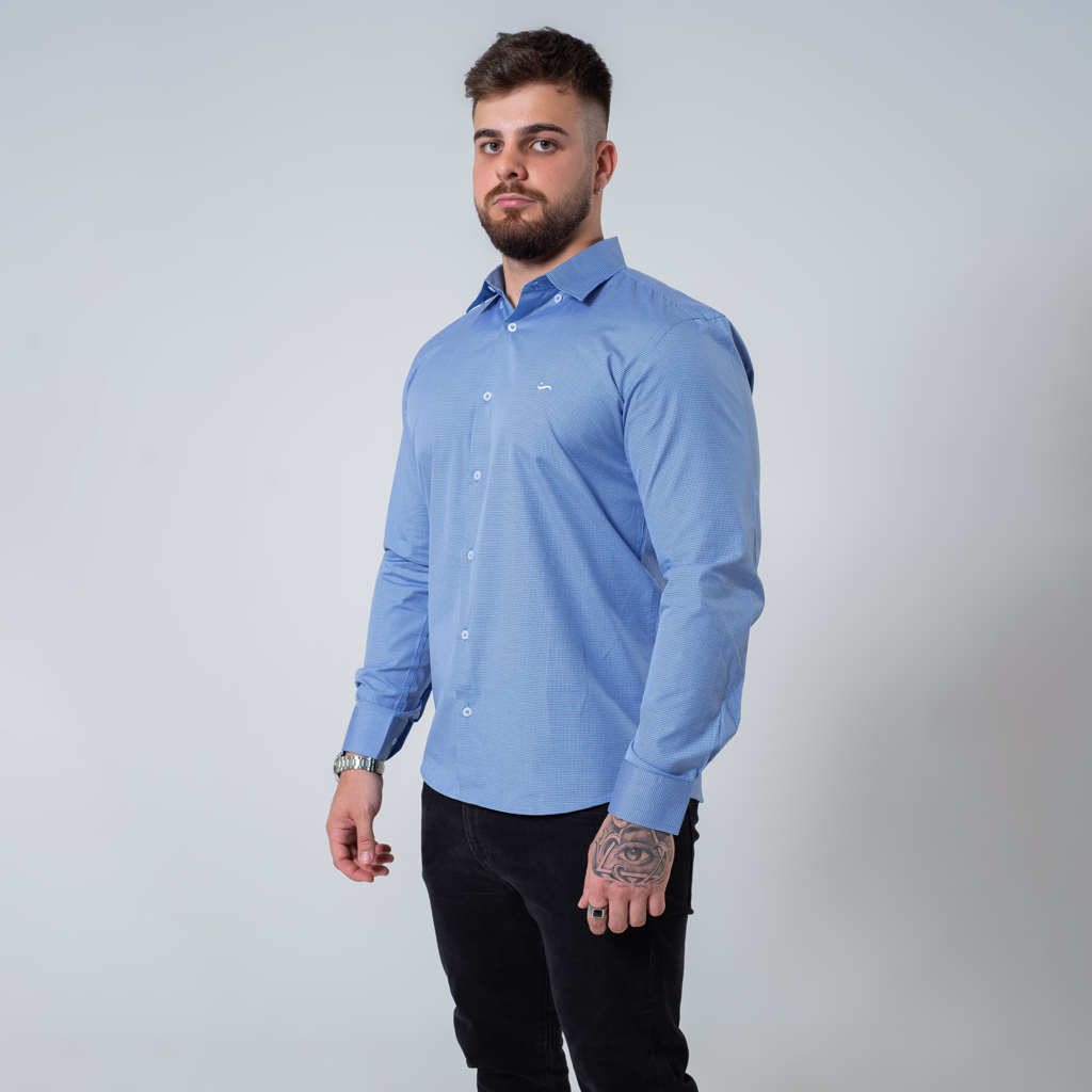 Camisa Slim Fit Xadrez Azul Petróleo