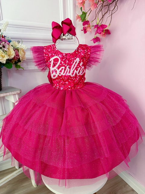 Vestido Infantil Barbie Busto Paetê Pink e Broche de Lacinho