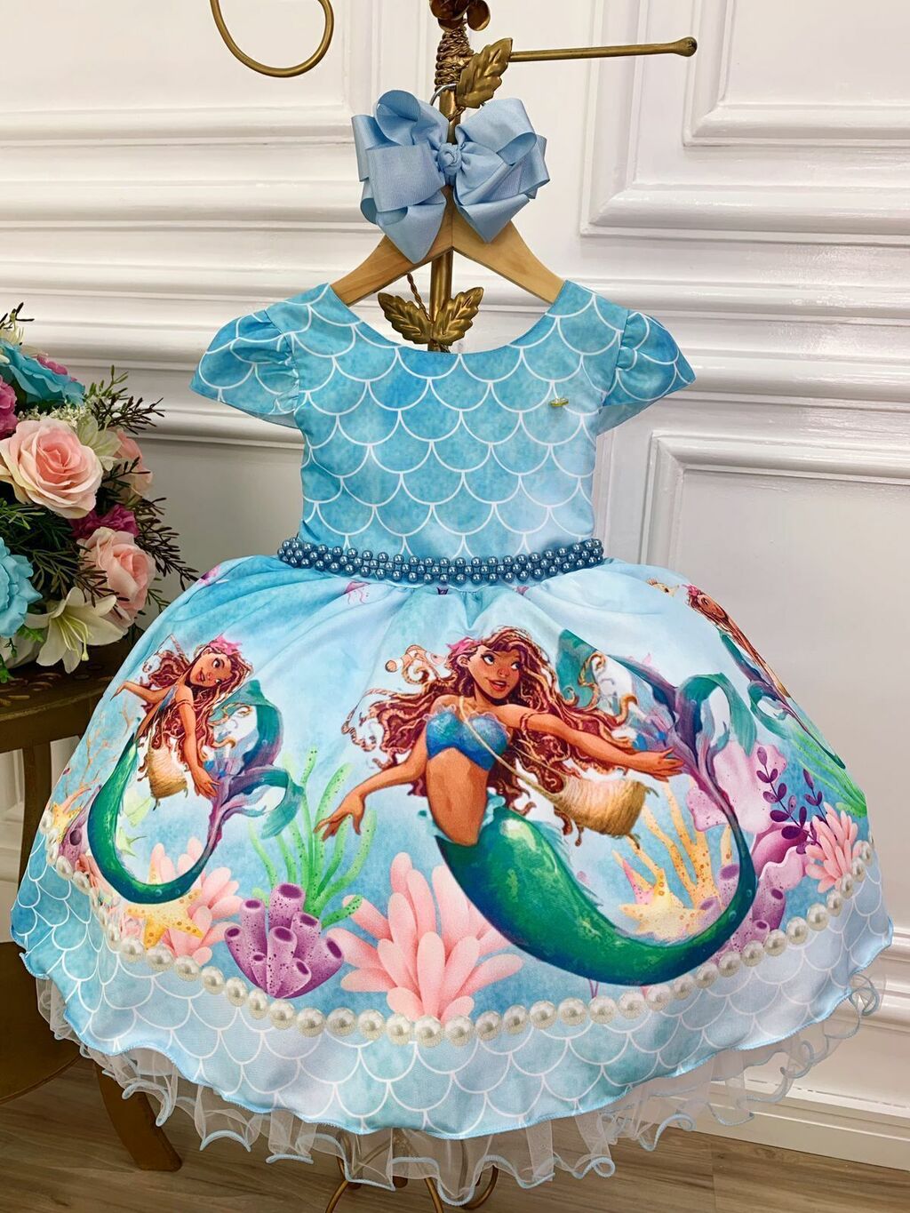 VESTIDO INFANTIL PRINCESA ARIEL PÉROLAS RENDA BRILHO