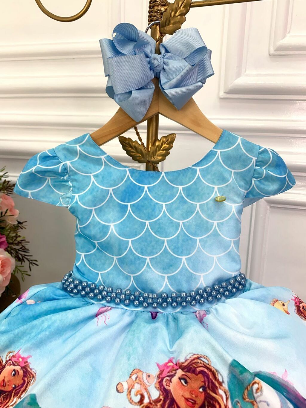 Vestido Infantil Princesa Ariel Lilás E Tule Verde Pérolas