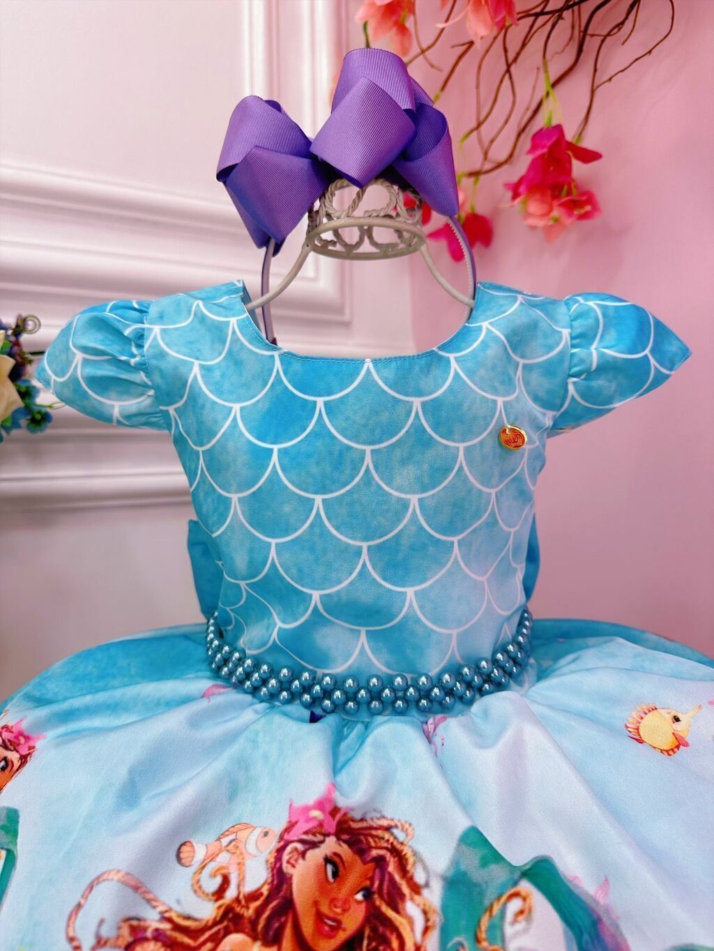 Vestido Infantil Princesa Ariel Lilás E Tule Verde Pérolas