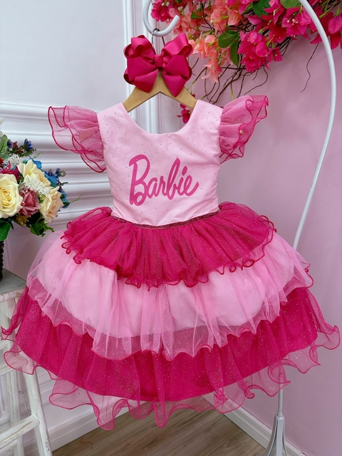 Vestido infantil Barbie Pink Babados Glitter Brilho luxo