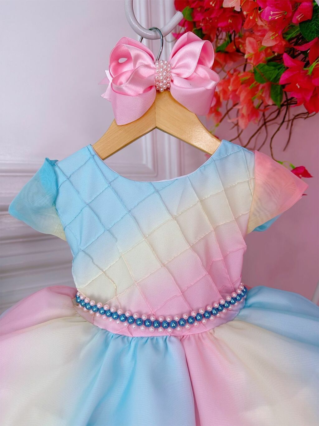 Vestido Infantil Barbie Azul Marinho Neon C/ Broche de Laço