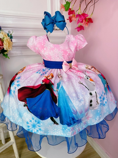 Vestido Infantil Frozen Azul C/ Cinto Pérolas Luxo Princesas