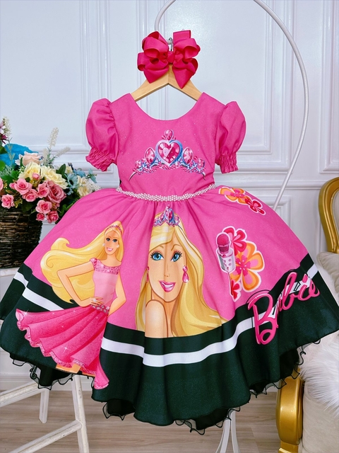 Vestido infantil Barbie Pink Babados Glitter Brilho luxo