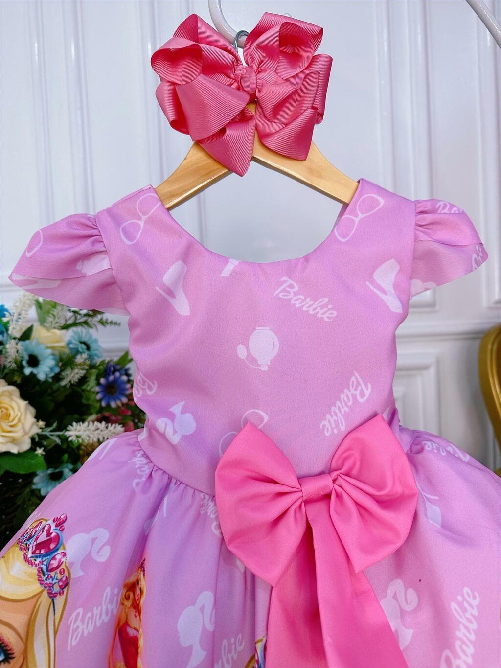 Vestido Infantil Princesa Barbie Com Laço e Glitter