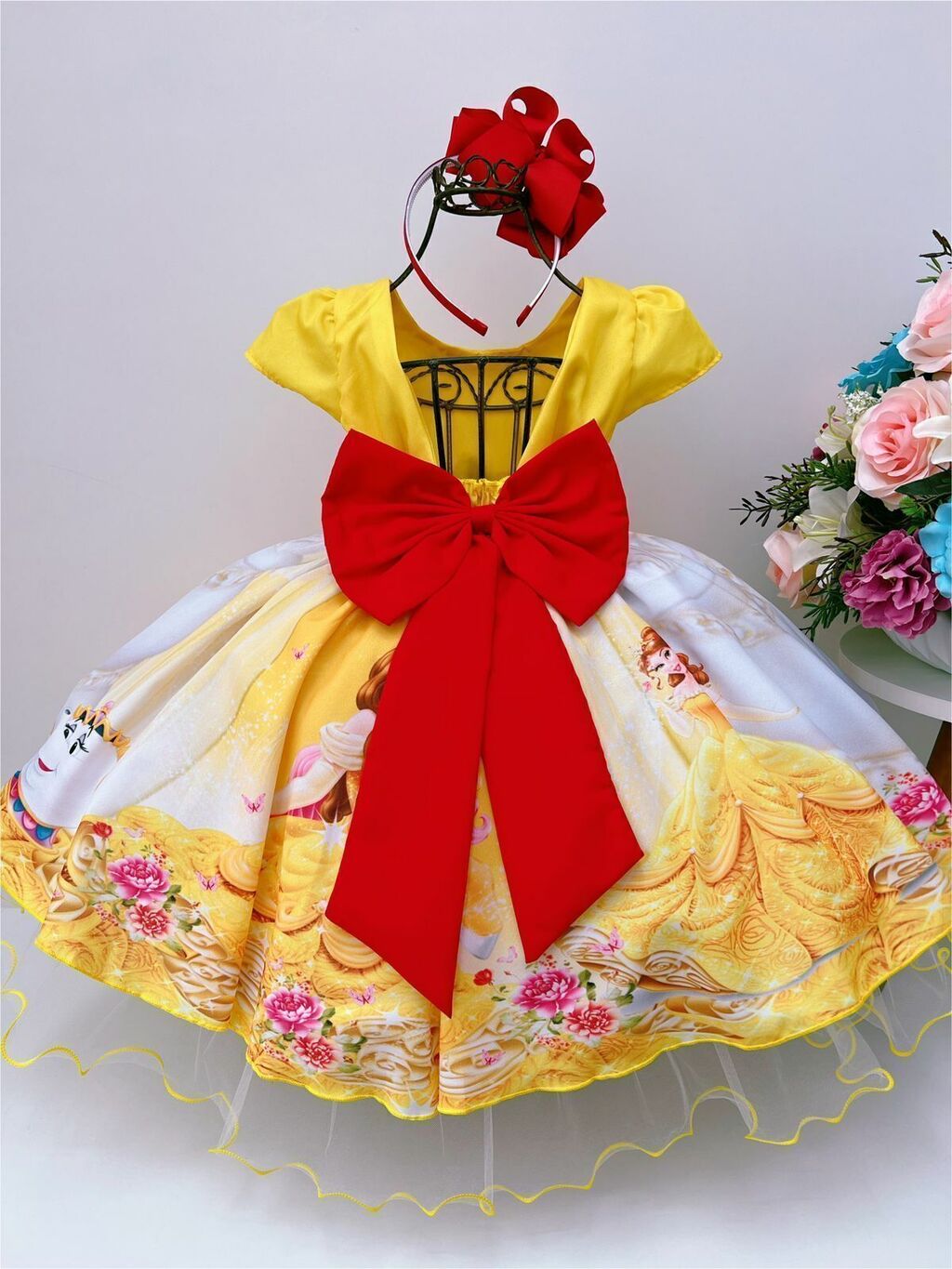 VESTIDO INFANTIL PRINCESA BELA E A FERA AMARELO C/ PÉROLAS