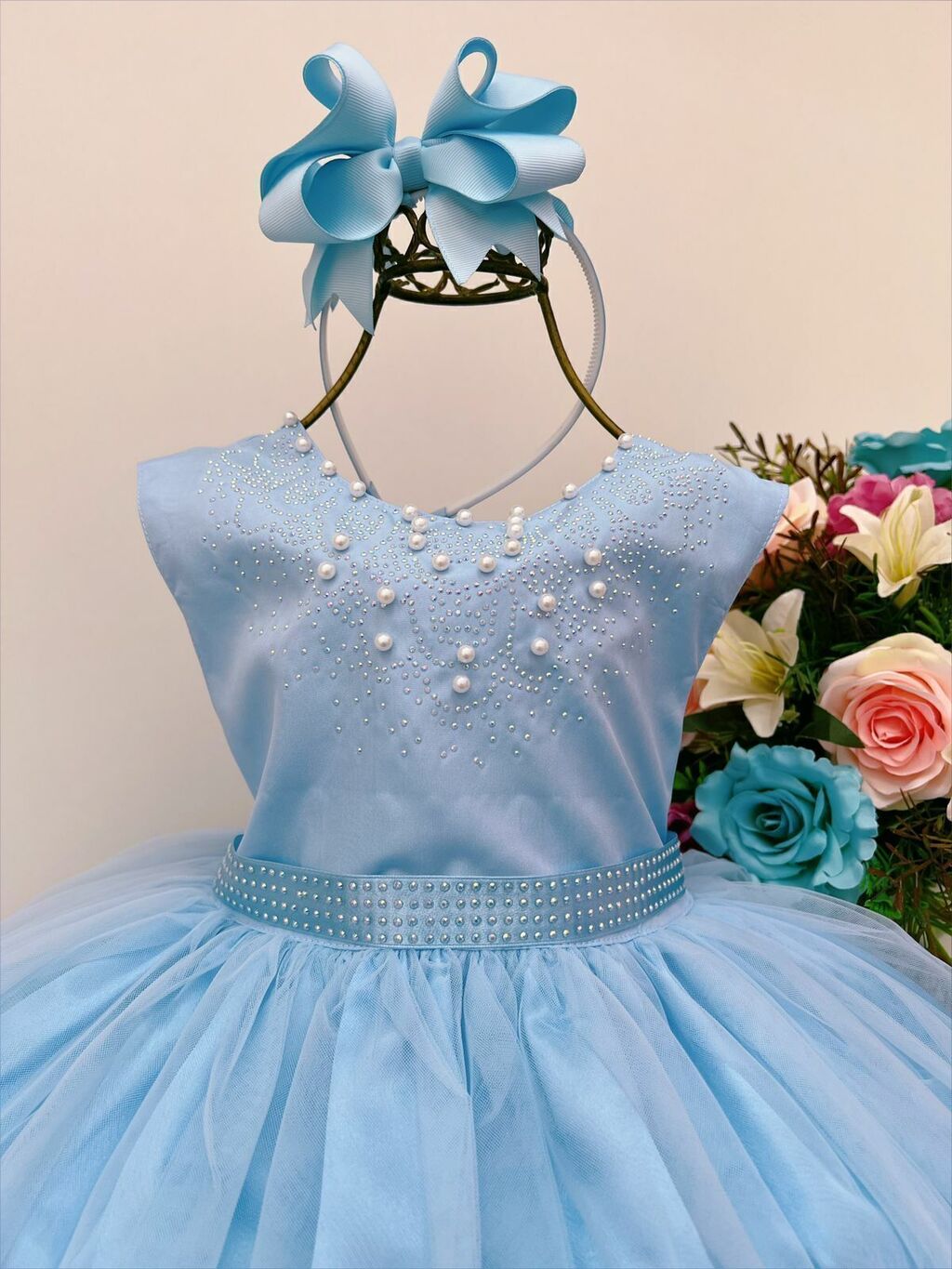 Vestido Infantil Damas De Honra Longo Azul Royal Pérolas