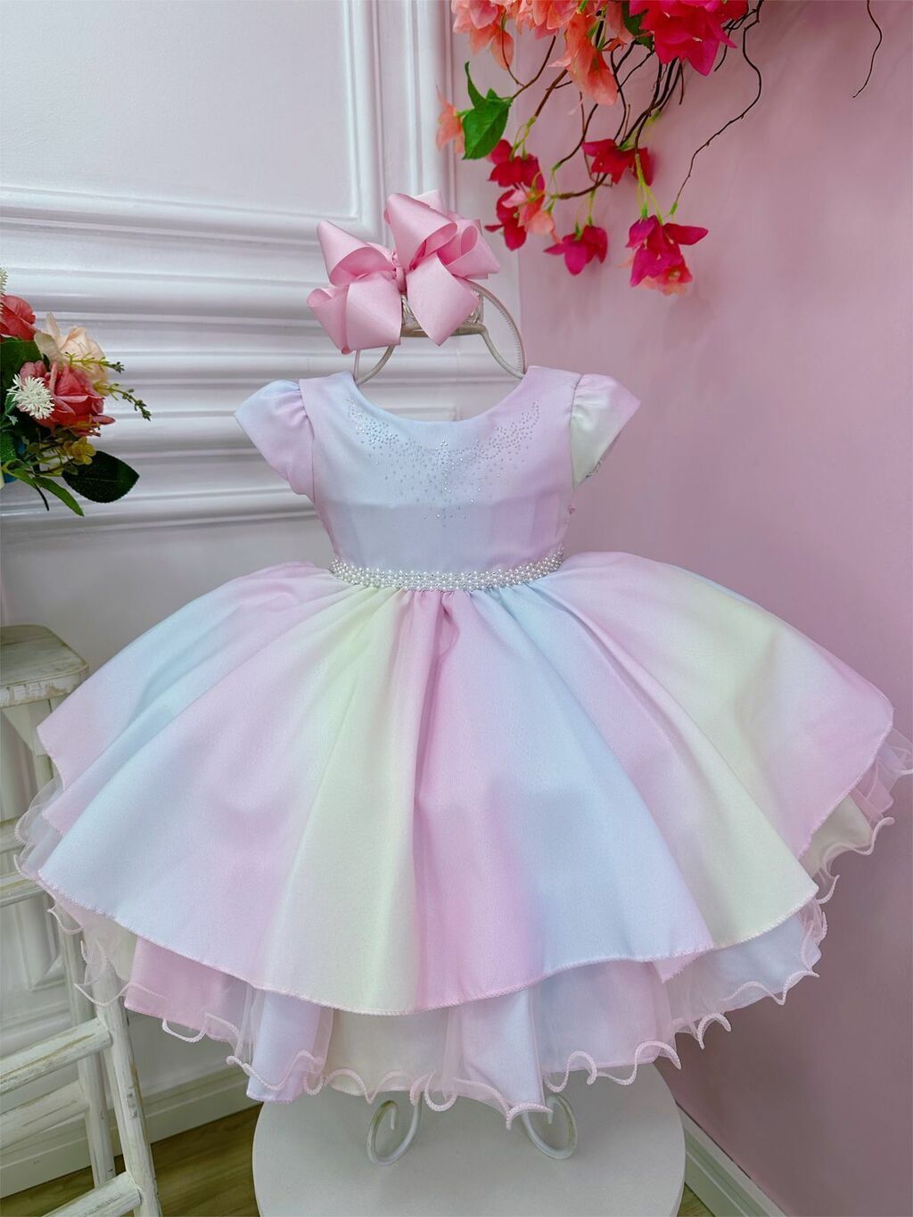 Vestido Infantil Rosa Barbie Peito Strass Glitter Luxo